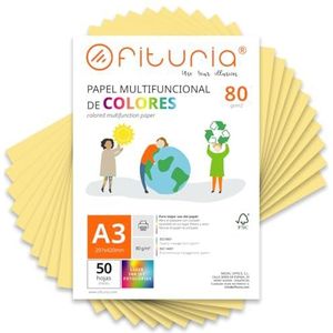 Kleurpapier, verpakking met 50 vellen A3, 80 g, kleurrijk papier voor knutselwerk, printer, scrapbooking, ideaal voor Origami, Papyroflexia, kantoor en school (crèmekleurig, 50 uur)