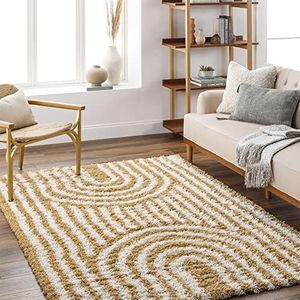 Surya Samara Shaggy Berber tapijt - pluizig tapijt voor woonkamer, eetkamer, slaapkamer, abstract hoogpolig tapijt, wit, pluizig en onderhoudsvriendelijk - tapijt groot, 160 x 220 cm, in mosterdgeel
