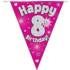 OAKTREE UK 630567 Party Bunting Gelukkige 8e Verjaardag Roze Holografische 11 Vlaggen 3.9m