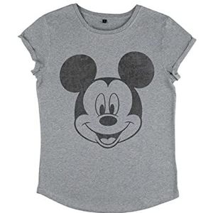 Disney Classics Classic Mickey Face T-shirt voor dames, organisch, met opgerolde mouwen, gemêleerd grijs, L, grijs (melange grey), L