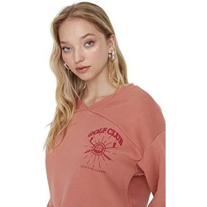 Trendyol Dames ronde hals met slogan getailleerd sweatshirt, Dusty Rose, XL, Stoffige Roos, XL