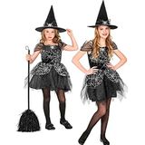 Widmann - Kinderkostuum heks, 2-delig, jurk en hoed, zwart-zilver, spinnennet, sprookjes, kostuum, bekleding, themafeest, carnaval, Halloween