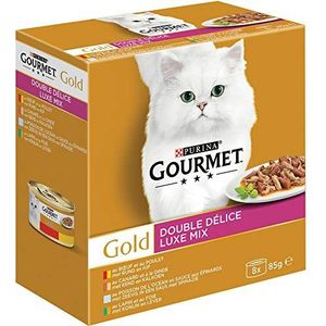 Gourmet Gold Luxe mix Kattenvoer, Natvoer met Rund en Kip, Eend en Kalkoen, Konijn en Lever, Zeevis in Saus met Spinazie - 8x85g - doos van 6 (48 blikjes; 4,08kg)