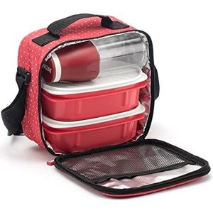 TATAY Geïsoleerde lunchtas voor werk of school, 3L capaciteit, 2 plastic voedselopslagcontainers (2x 0,5L) en een luchtdichte fles 400ml, rood met stippen. Afmetingen: 22,5 x 10 x 22 cm