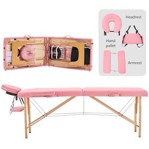 YOUNIKE Professionele opvouwbare massagetafel, 60 cm, breed, esthetisch, professioneel, hout, verzorgingstafel, tattoo, armleuningbed, massage, tafel, wimpers, draagbaar, 2 secties, roze