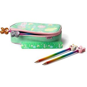 Stylex 44186 Schoolset voor kinderen, Bunny Collection, 6-delig, bestaande uit een pennenetui, liniaal en 4 potloden, ideaal als cadeau voor de eerste schooldag, groen
