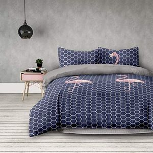 AmeliaHome 4-delig, 2 x beddengoed 155 x 220 cm met 2 kussenslopen van 80 x 80 cm, geometrisch patroon, microvezel, ritssluiting, Basic Collection Flamingo, donkerblauw/roze