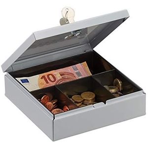 Relaxdays geldkist metaal, met vak voor contant geld, ook als documentenkluis, met 2 sleutels, BxD: 17 x 17 cm, grijs