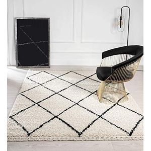 Mia's Tapijten Vera Modern hoogpolig (35 mm) Shaggy woonkamer tapijt, patroon, ruit zwart-wit, 120x170 cm