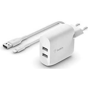 Belkin Boost Charge USB-A wandoplader van 24 W met twee poorten en USB-A/Lightning-kabel (voor iPhone SE, 11, 11 Pro, 11 Pro Max, XS, XR, X, 8, iPad en AirPods)