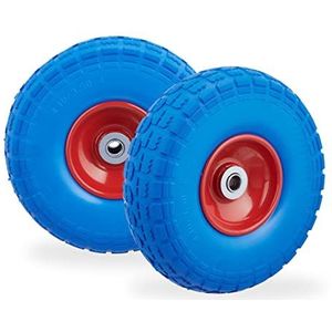 Relaxdays 2x steekwagenwiel 4.1/3.5-4'', anti lek banden, 16 mm as, tot 150 kg, 260x85mm, rubber, blauw-rood