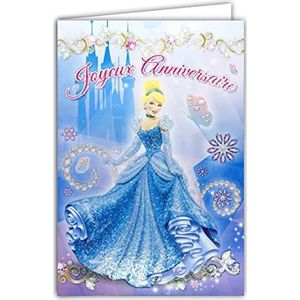 Disney prinsessenkaart Happy Birthday jurk met pailletten envelop geel Assepoester sieraden glanzende diamanten edelstenen prins soulier slot illustratie meisjes kinderen 131244