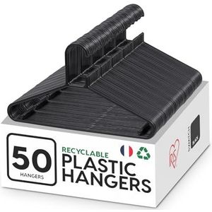 Iris Ohyama, Duurzame en Ruimtebesparende Plastic Kledinghangers, BPA-vrij, Zwart, Set van 50 Sterke en Antislip Hangers voor Kleding, Broeken en Jassen, ruimtebesparend, slijtvast, CHM-39