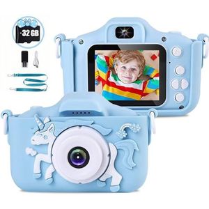 Kindercamera met zachte siliconen cartoonhoes, kinderen vanaf 4, 5, 6, 7, 8 jaar, met 32 GB SD-kaart, 2,0 inch scherm, 1080p HD 20MP, kindercamera voor jongens en meisjes, als speelgoedcadeau (blauw)