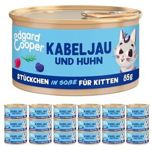 Edgard & Cooper Stukjes in saus, kattenvoer, nat, graanvrij, hoogwaardig kattenvoer, 85 g (18 stuks) - echt voer, voedzame ingewanden, gezonde ingrediënten (kitten - kabeljauw/kip)