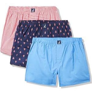 Nautica Men's Classic Cotton 3-Pack Woven Boxer, Aero Blue/Gingham-Rose Coral/Lobster Print