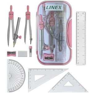 Linex Roze Geometrie Set, Wiskunde GCSE, Middelbare School Set, 10 Stuks, Kompassen, Gradenboog