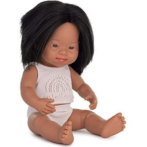 Miniland Dolls: babypop Latina meisje met syndroom down van zacht vinyl, 38 cm, met ondergoed in geschenkdoos (31268)