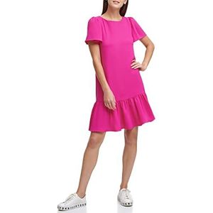 DKNY Women's Flowy Short Sleeve Ruffle Hem Dress, Raspberry, 4