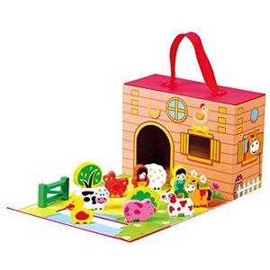 Mertens Farm Reiskoffer van hout, speelgoed voor kinderen vanaf 18 maanden (13-delig, praktische koffer van karton met draaggreep voor onderweg, 12 dierfiguren, afmetingen: 42 x 17 x 25 cm), kleurrijk