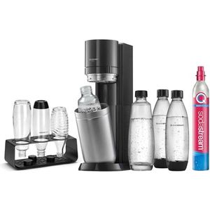 SodaStream DUO Comfort Set watercarbonator met CO2-cilinder, 2 x 1 l glazen flessen, 2 x 1 l vaatwasmachinebestendige plastic flessen en stijlvolle flessenhouder, hoogte 44 cm, kleur: titanium