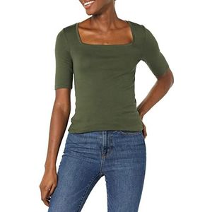 Amazon Essentials Women's T-shirt met halve mouwen, vierkante hals en slanke pasvorm, Olijfgroen, L