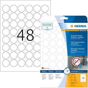 HERMA 4571 weerbest folielabels A4 afneembaar (Ø 30 mm, 20 velles, polyesterfolie, rond) zelfklevend, bedrukbaar, verwijderbaar en opnieuw klevende etiketten, 960 etiketten voor printer, wit