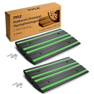 Pyle Rubberen Drempelhulp, Opritplaat, Heavy Duty Antislip Oprijplaten met Groene Reflecterende Strip, Marine Grade Rubber, Voor Oprit, Stoep, Auto, Rolstoel & Scootmobiel