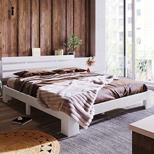 Merax Massief houten bed, tweepersoonsbed, bedframe van hout met hoofdeinde en lattenbodem, 140 x 200 cm, houten lattenondersteuning, opbergruimte onder het bed, slaapkamermeubels, wit