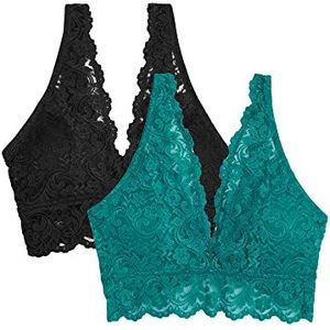 Smart & Sexy Dames 2-pack Signature Lace Deep V Bralette Plungebeha, Fanfare/Black Hue, Large