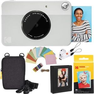 KODAK Printomatic instant camera (grijs) pakket + zinkpapier (20 vellen) etui + fotoalbum + ophangframe + comfortabele halsband