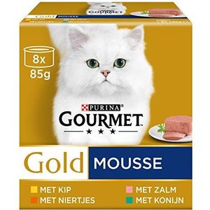 Gourmet Gold Mousse Kattenvoer, Natvoer met Kip, Zalm, Niertjes en Konijn - 8x85g - doos van 6 (48 blikjes; 4,08kg)