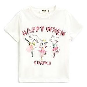 Koton Girls T-shirt met kattenprint, applicatiedetail, korte mouwen, katoen, ecru (010), 11-12 Jaar