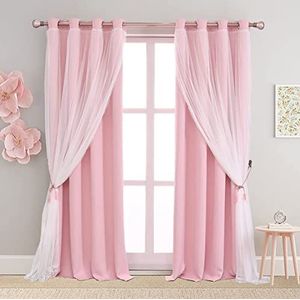 SOFJAGETQ Roze dubbellaagse gordijnen 229 cm lengte - mix en match roze verduisterende gordijnen met witte pure voile voor slaapkamer en woonkamer, roze lichtblokkerende gordijnen, 132 x 228,6 cm