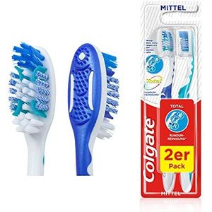 Colgate Tandenborstel Total rondom reiniging, medium, 2 stuks - handtandenborstel reinigt tandoppervlakken, tong, wangen en tot diep in de tussenruimtes tussen de tanden, met middelharde borstelharen