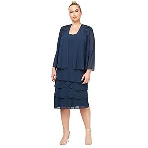 S.L. Fashions Women's Plus Mother of The Bride Tiered Jacket Dress with Shoulder Embellishment, Navy, 20