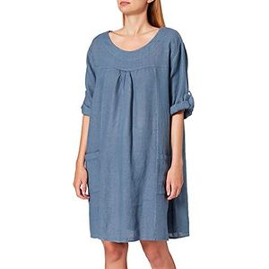 Bonamaison Dames korte ronde kraag jurk met zakken en lange verstelbare mouwen casual, Blauwe Jean's, 40 NL
