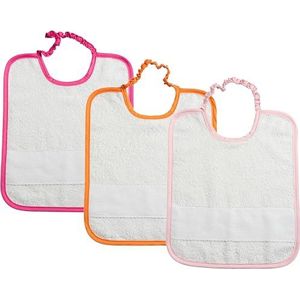 Filet - Set van 3 slabbetjes voor babynest of kleuterschool met elastiek van witte badstof met Aida-stof om te borduuren, 24 x 30 cm, gemaakt in Italië, rand effen var. roze, fuchsia, oranje