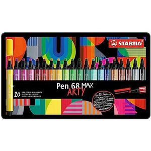 Premium Viltstift Met Dikke Beitelpunt - STABILO Pen 68 MAX - ARTY - Metalen Etui Met 20 Stuks - Met 20 Verschillende Kleuren