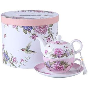 London Boutique Tea for one Theepot kop suacer set Shaby Chic Flora vogel roos vlinder porselein geschenkdoos roze