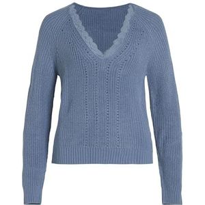 Vila Vioa L/S Rev Lace Knit Top gebreide trui voor dames, Coronet Blue/Detail: lace Tone, L