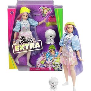 ​Barbie Extra Pop nr. 2, in glinsterende look met haar vriendje de puppy, roze met paars fantasiehaar, outfit in laagjes en accessoires, cadeau voor kinderen vanaf 3 jaar