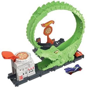 Hot Wheels Baanset met 1 Hot Wheels auto, aanpasbare baan die aan andere sets kan worden gekoppeld, Krokodil Looping Pizzatent speelset, HKX39