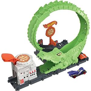 Hot Wheels Baanset met 1 Hot Wheels auto, aanpasbare baan die aan andere sets kan worden gekoppeld, Krokodil Looping Pizzatent speelset, HKX39