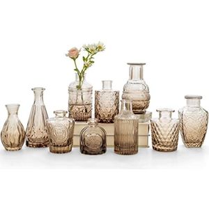 Amber Glazen Bud Vaas Set van 10 - Kleine Vazen voor Bloemen, in Bulk, Leuke Centerpieces, Mini Vintage Bruiloft Decoraties, Tafel Bloem Decor (Bruin)