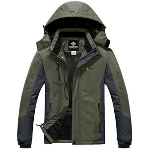GEMYSE Heren Mountain Waterdichte Ski Jas Winddicht Fleece Outdoor Winter Jas met Capuchon, Legergroen grijs, XXL