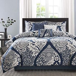 Madison Park All Season lichtgewicht beddengoed, shams, bedrok, decoratieve kussens, katoensatijn, 100% polyester, Vienna Indigo, Queen (90 x 90 inch)