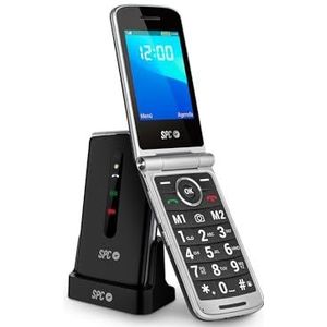 SPC Prince 4G klapmobiele telefoon voor senioren, met grote toetsen en eenvoudig te bedienen, SOS-knop, externe configuratie, laadstation, USB-C, 2 directe geheugen, zonder oplader, zwart