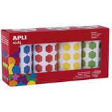APLI Kids 19192 verpakking met 4 rubberen rollen, zeshoekig, 20 mm, leerstickers in blauw, rood, geel en groen