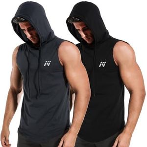 MEETWEE Sportshirt voor heren, loopshirt met lange mouwen/korte mouwen, functioneel shirt met capuchon, ademend, sweatshirt, hoodie voor hardlopen, gym, joggen, zwart+grijs, M